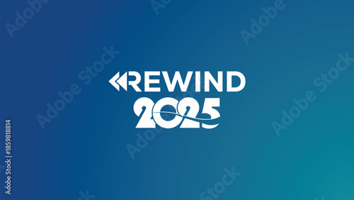 Dynamic white "REWIND 2025" typography with target icon in numbers on navy blue background. Ideal for year-in-review videos, recap graphics, social media highlights, annual summaries. Modern vector.