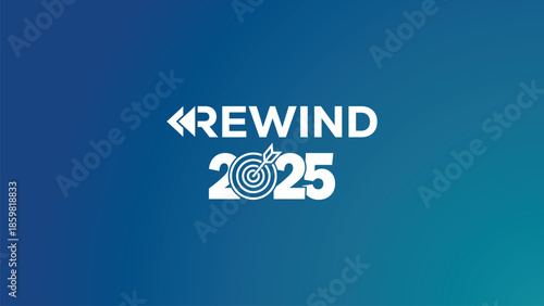 Dynamic white "REWIND 2025" typography with target icon in numbers on navy blue background. Ideal for year-in-review videos, recap graphics, social media highlights, annual summaries. Modern vector.