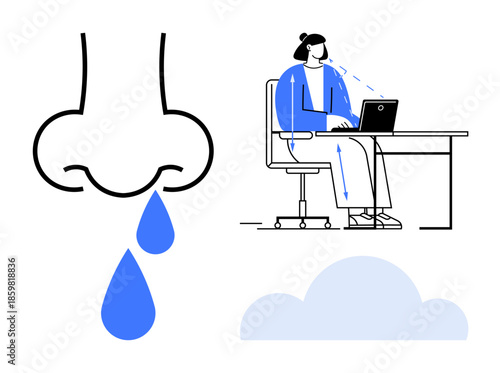 Allergy symptoms. Allergy reactions through sneezing with nasal flow and accompanying discomfort. Allergy management challenges in workplace environments. For health, wellness, medical, respiratory