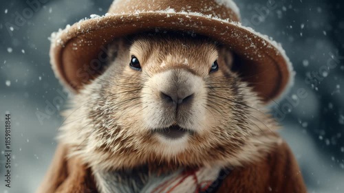 Groundhog wearing a hat in winter snow
