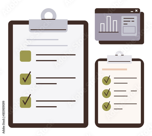 Clipboard with completed checklists and tasks, data dashboard with graphs. Ideal for project planning, organization, task management, productivity, business workflow, analytics, simple flat metaphor