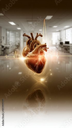 Golden Human Heart Anatomy with ECG Line - Medical Background