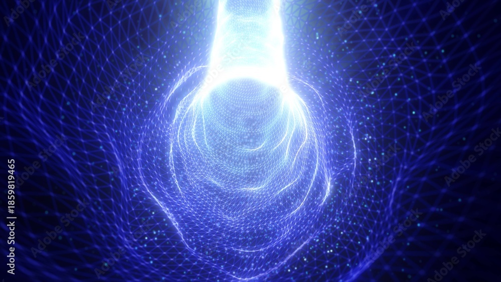 Fototapeta premium Abstract tunnel blue futuristic from a grid of lines and dots of particles of triangles shiny hi-tech effect of glowing sun rays and blur background