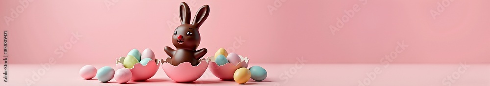 Fototapeta premium Happy chocolate Easter bunny in cracked eggshell with pastel colored eggs. Spring holiday celebration on pink background. Panoramic banner with copy space for text
