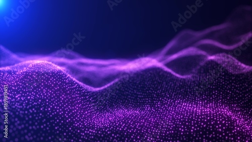 Abstract looping purple energy waves from particles of futuristic high-tech glowing background