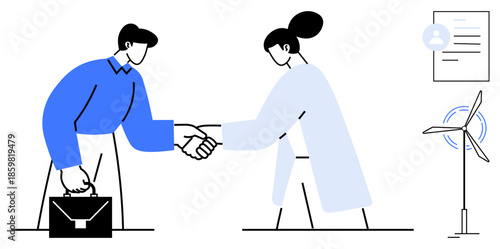 Business collaboration, clean energy initiatives, sustainability, eco-friendly agreements, renewable energy partnerships, environmental deals. Two individuals shaking hands near a wind turbine