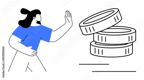 Debt management, financial caution, economic decisions, personal budgeting, cost control, saving habits. Woman gesturing stop near coins. Financial caution and debt management concept