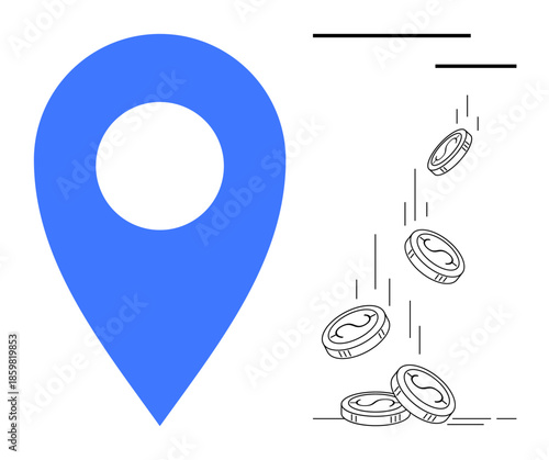 Finance, location tracking, economy, navigation, digital payments, geolocation services. A blue pin next to falling coins. Finance and location tracking through visual elements