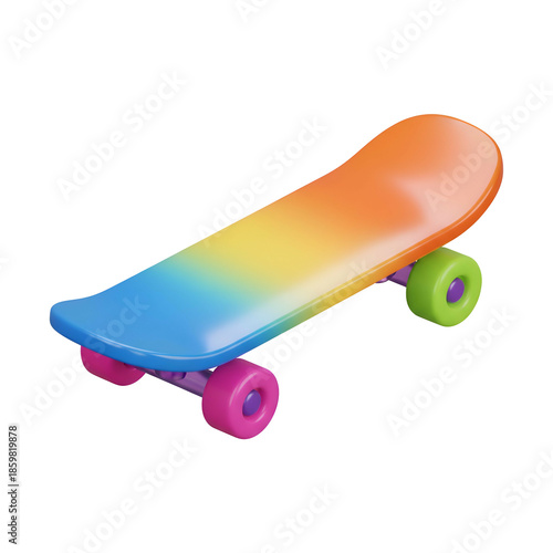 Colorful Skateboard with Rainbow Deck and Wheels.