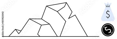 Abstract geometric mountain outline paired with a money bag and currency symbol. Ideal for concepts thumbs up financial success, investment, growth, business strategy, economy, wealth management