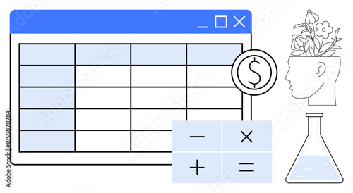 Spreadsheet interface with a dollar sign, calculator icons, a head with flowers symbolizing ideas, and a laboratory flask. Ideal for finance, creativity, science, calculations, innovation analysis