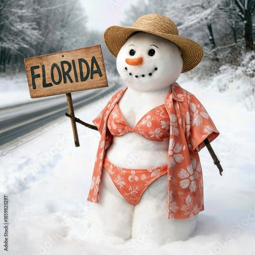 A humorous snow woman, dressed in an orange bikini and a floral shirt, holds a sign reading 