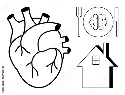 Health education, wellness, anatomy learning, nutrition science, home safety, lifestyle. Anatomical heart, brain on a plate with cutlery and house icon elements. Health education and wellness