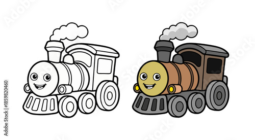 Cute cartoon steam train line art for coloring book