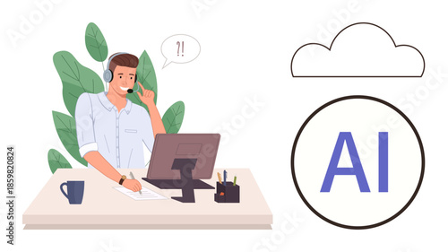Support agent with headset at desk engaging in customer service using AI cloud tools. Ideal for customer service, AI integration, cloud computing, productivity, innovation, tech support