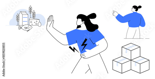 Food allergies, health awareness, dietary restrictions, food safety, allergens, wellness. A person holding their stomach, avoiding foods. Food allergies and health awareness concept