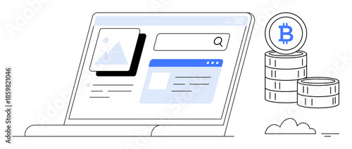 Cryptocurrency concept. Cryptocurrency technology highlighted through a search engine platform and Bitcoin coins. Cryptocurrency impacting finance and investment strategies. Perfect for fintech