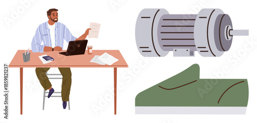 Engineer working at a table with a laptop and documents. Nearby are illustrations of an electric motor and shoe prototype. Ideal for engineering, product design, innovation, idea development