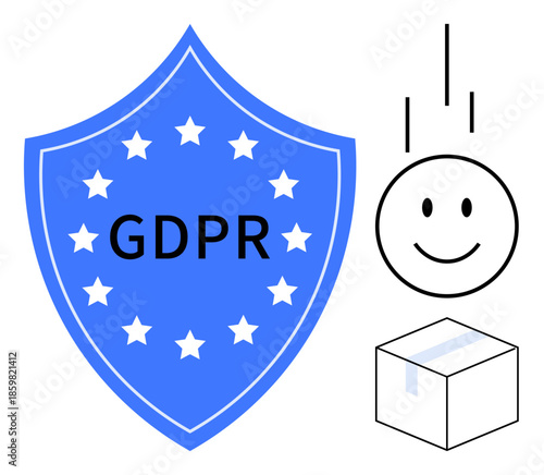 GDPR compliance. GDPR shield data protection and privacy. Focus on secure information management and EU regulations. For cybersecurity, digital rights, online privacy, compliance, legal frameworks