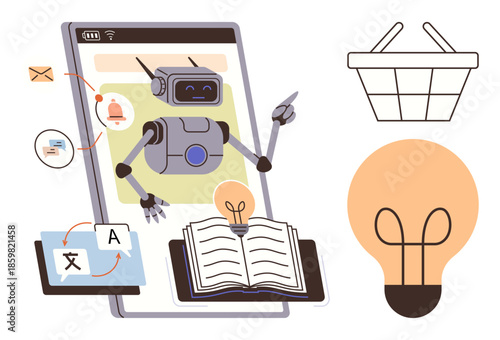 Robot teaching and sharing knowledge with books, translation tools, email elements. Ideal for education, learning, AI, language translation, communication digital interaction innovation. Flat