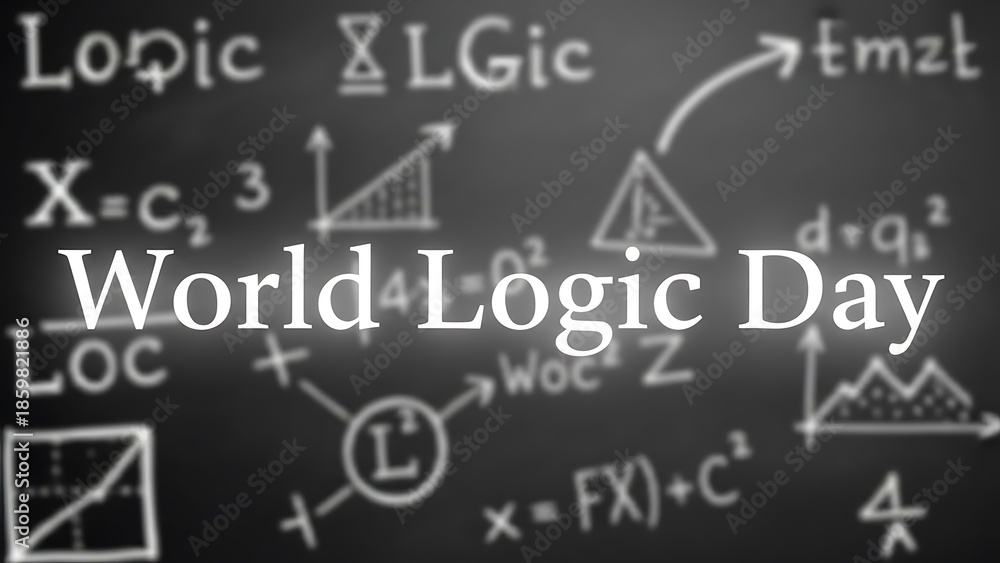 Obraz premium Graphic illustration promoting World Logic Day featuring white text superimposed over complex mathematical equations and logical diagrams drawn on a dark, blurred chalkboard background.