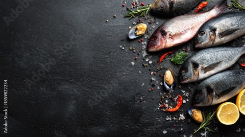 Various types of fresh fish are placed on a dark surface. Herbs spices and lemon slices surround the fish as they prepare for cooking. This setup shows ingredients ready for a meal.