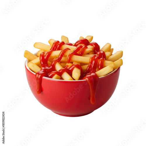 French fries with ketchup in red bowl
