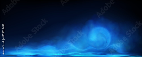 Dense magical smoke on the surface, blue neon, light reflection in space, nebula, smog, gas. Vector illustration.