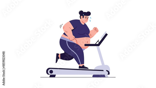 Overweight Person Exercising on Treadmill Flat Vector Illustration