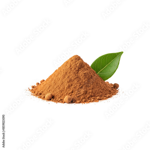 Pile of cinnamon powder with leaf