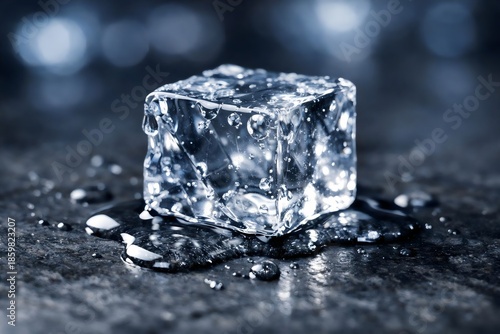 Crystal Clear Ice Cube on Wet Surface
