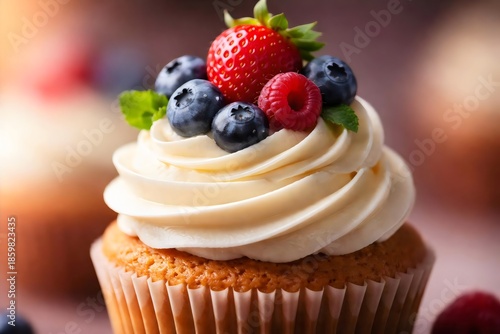 Vanilla Cupcake with Cream and Fresh Berries