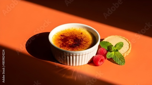 Delicious creme brulee with caramelized sugar and fresh raspberries