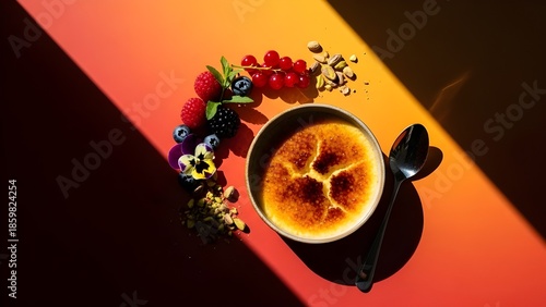 Delicious creme brulee with fresh berries and nuts on vibrant table