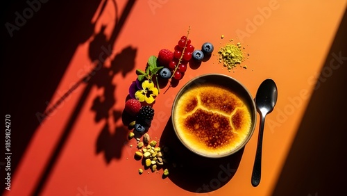 Delicious creme brulee with fresh berries and nuts on orange background
