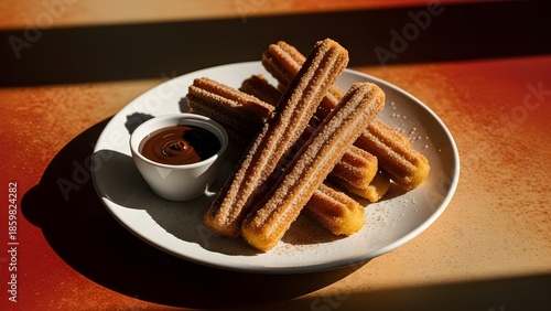 Delicious churros with chocolate dipping sauce on a plate