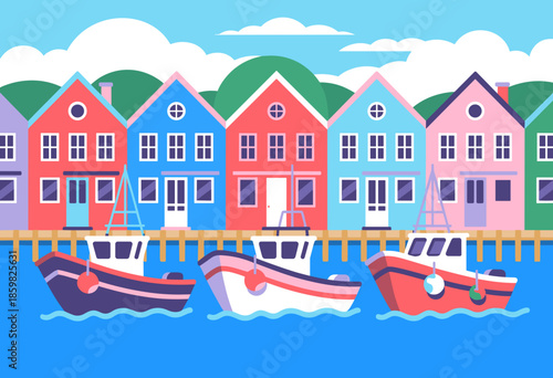 Charming Coastal Village with Colorful Houses and Fishing Boats on Tranquil Blue Water
