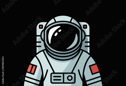 Cartoon Astronaut in Space Suit with Reflective Visor Against a Stark Black Background