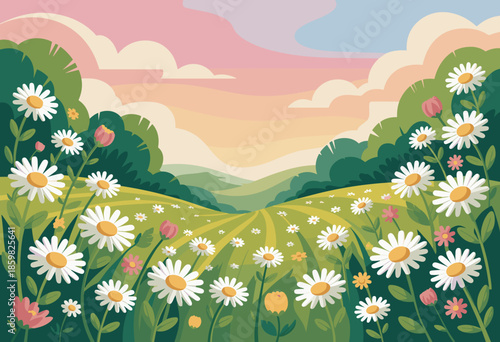 Vibrant Colorful Meadow Blossoming with Daisy Flowers Under a Pastel Sky at Sunset