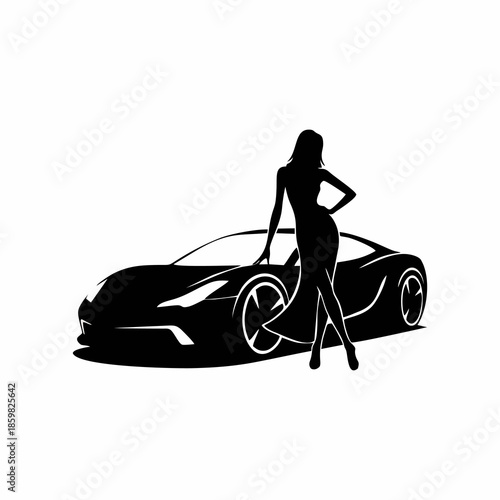 vector silhouette of a female model posing with a car	