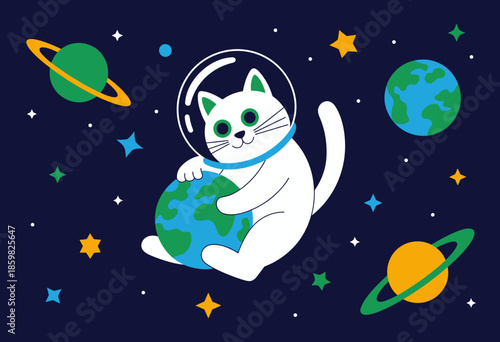 Playful Cat Astronaut Embracing Earth Surrounded by Colorful Planets in Outer Space