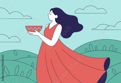 Serene Woman in Flowing Red Dress Holding Decorative Bowl Against a Tranquil Landscape with Soft Blue Skies