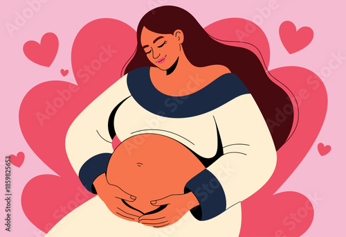 Joyful Pregnant Woman Cradling Her Baby Bump Surrounded by Heart Shapes in Soft Pink Tones