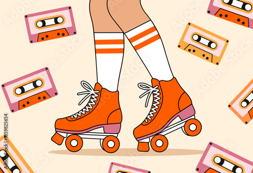 Vibrant Retro Roller Skating Scene with Colorful Cassette Tapes and Fun Design