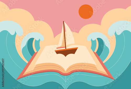 Whimsical Adventure on an Open Book with Sailboat and Vibrant Waves Under a Pink Sky