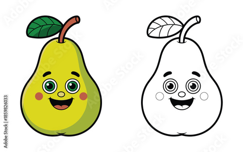 Happy Cartoon Pear Character Illustration, Colored and Outline for Kids Coloring Page