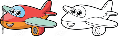 Cute Cartoon Airplane Vector Illustration with Colored and Outline Versions