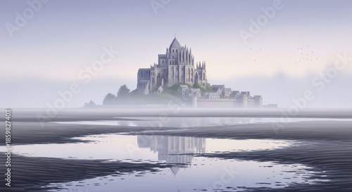 Mont Saint Michel during low tide with reflection in the water and buildings in the background at morning