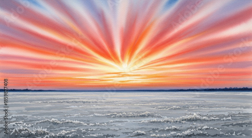 Frozen Dawn reveals a bright sky with orange and yellow rays shining over a frosty landscape at sunrise near a calm river