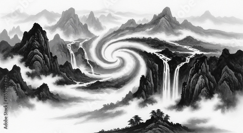 Watercolor painting of swirling landscapes with waterfalls and mountains flowing in Taoist style motion